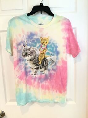 Tie-Dye Cat Rider Graphic Tee - Pink, Blue & Cream